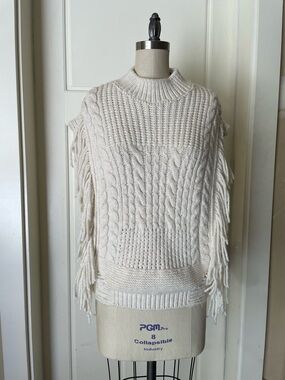 Fringed Cable Knit Sweater Vest in Cream